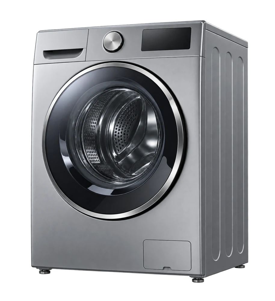 Illustrative silver front-loading washing machine